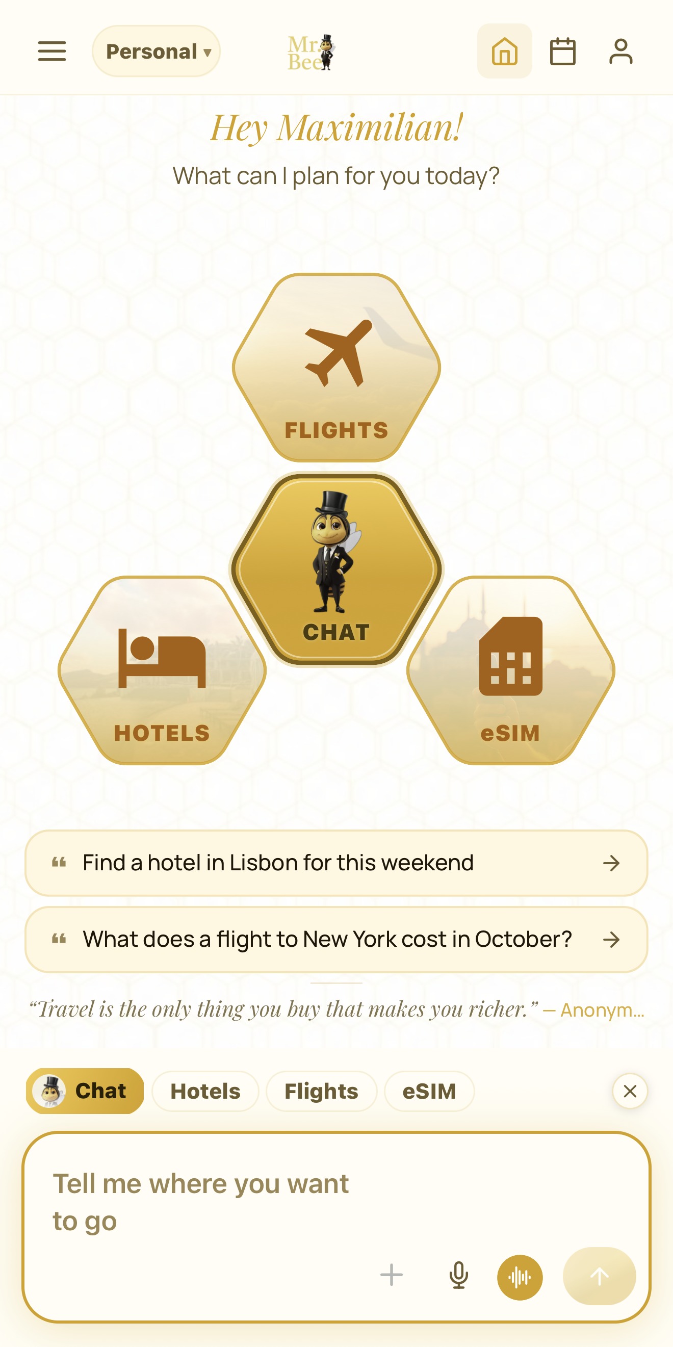 The Mr. Bee app: flights, chat, hotels and eSIM on one screen