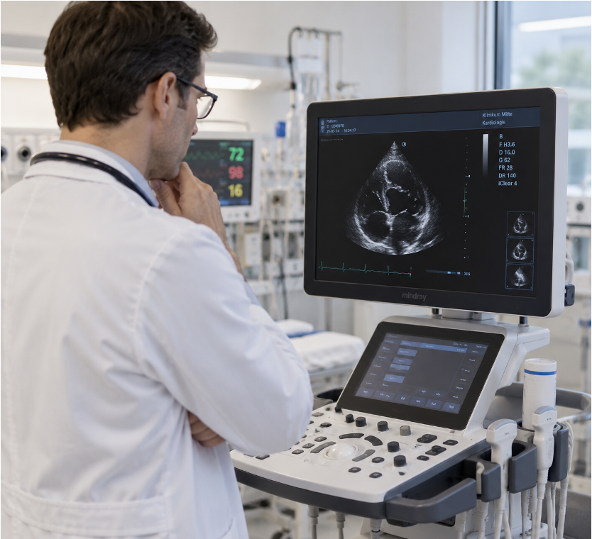Physician reviewing a cardiac ultrasound scan in a clinic